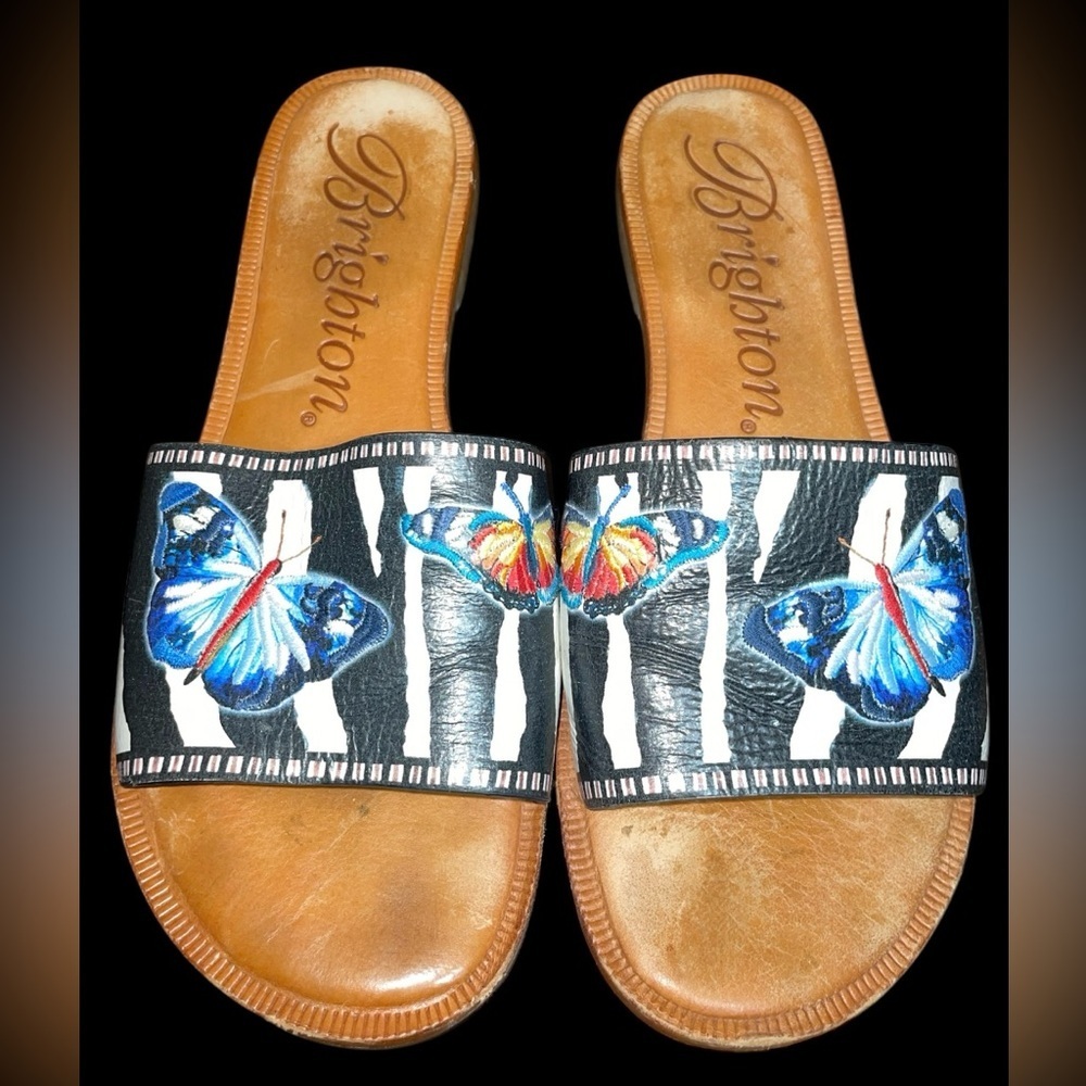 Brighton Black and Blue Butterfly Slide Sandals